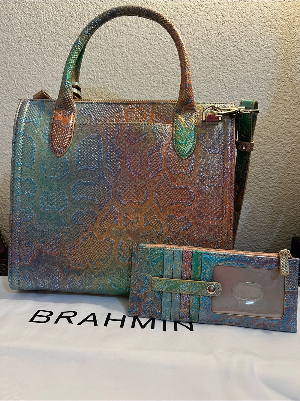 Brahmin Teal Multi Iridescent Python-Embossed Satchel with Matching Card Wallet - Picture 4 of 10